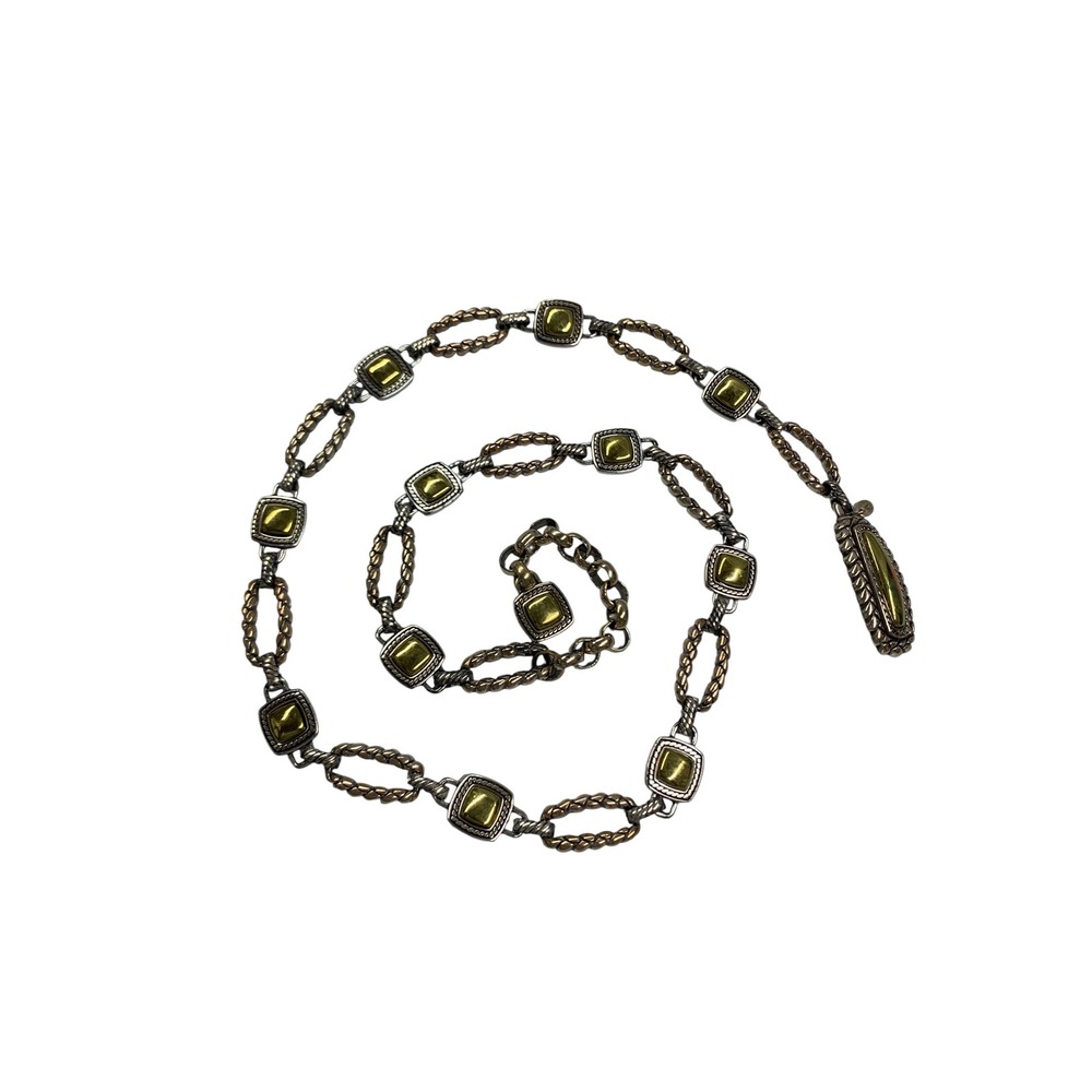 Brighton Mixed Metal Silver Gold Tone Square Cabochon Link Chain Belt Adjustable - Picture 5 of 7